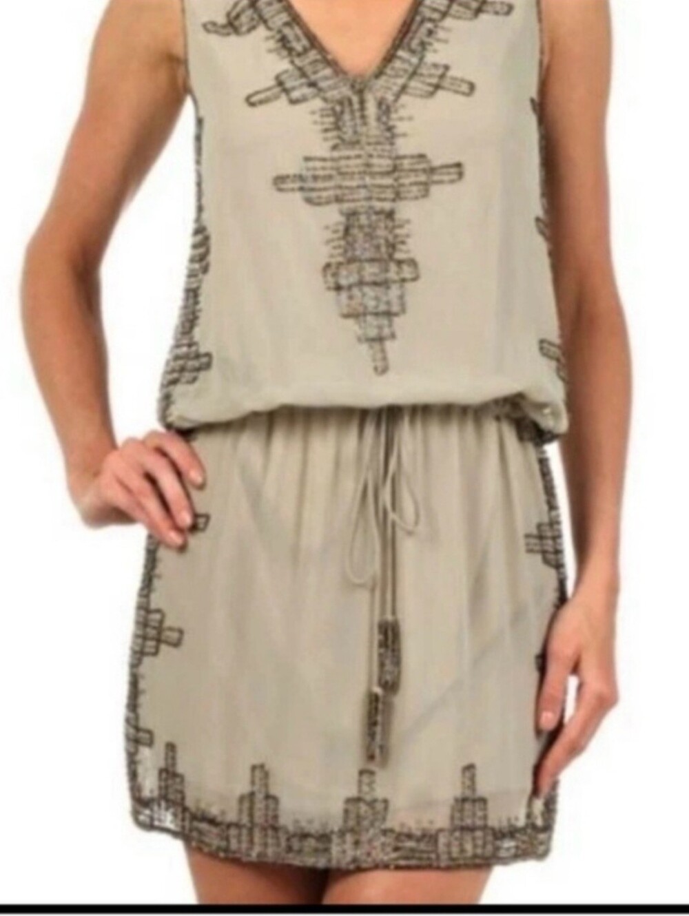 Embellished V-Neck Sleeveless Dress - Neutral Beige